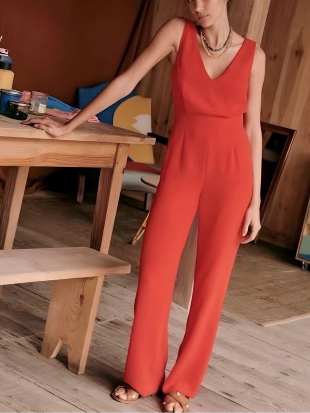 Sezane Vanille V-Neck Button Detail Sleeveless Wide Leg Jumpsuit Rouge FR36 US 4
